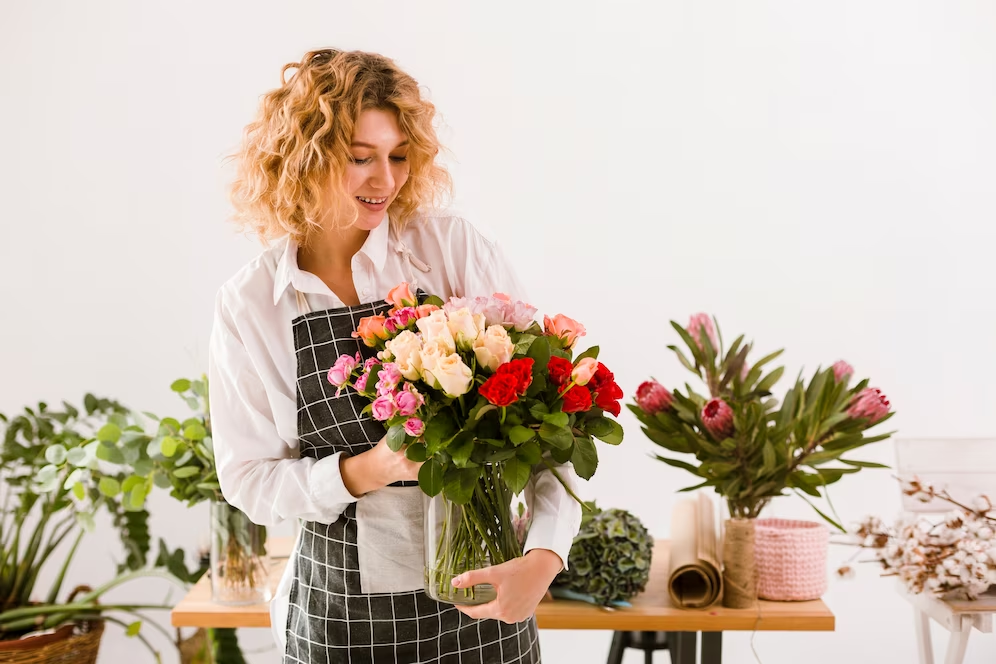 Девушка флорист держит вазу с цветами