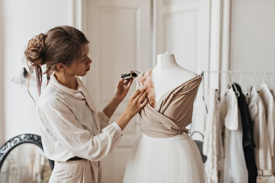 Дизайнер одежды собирает платье на манекене