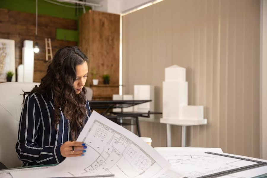 Девушка сидит за столом и смотрит на архитектурные чертежи
