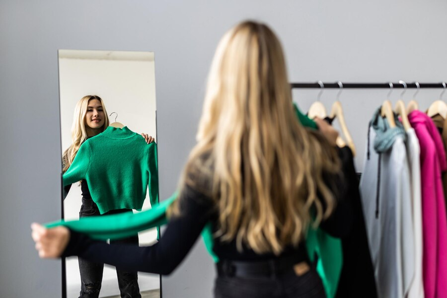 Девушка с зеленым свитером перед зеркалом