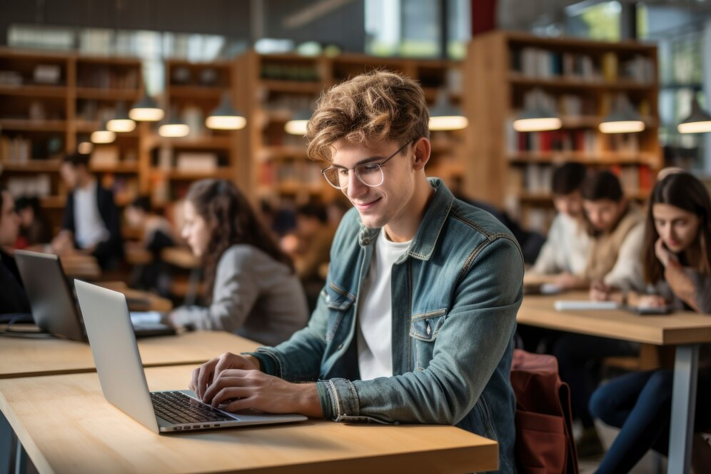 Молодой человек с ноутбуком в библиотеке