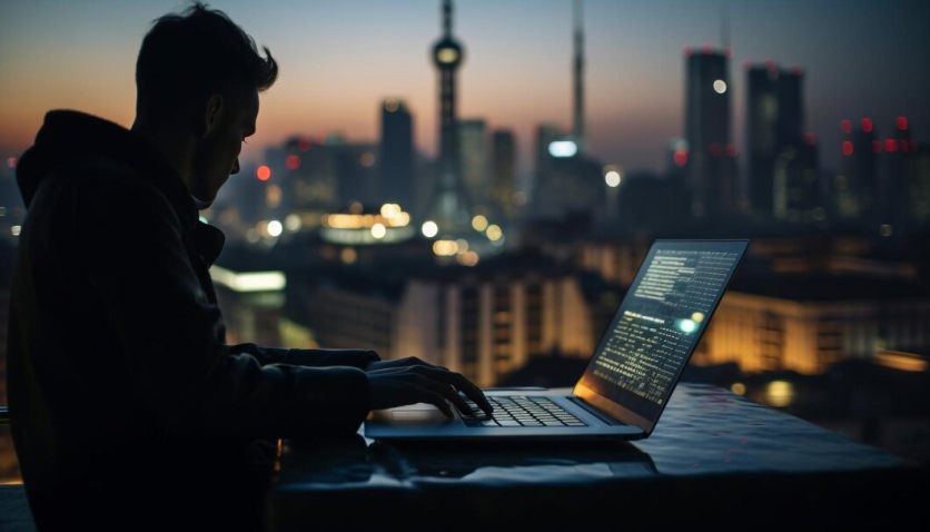 Мужчина за ноутбуком на фоне ночного города