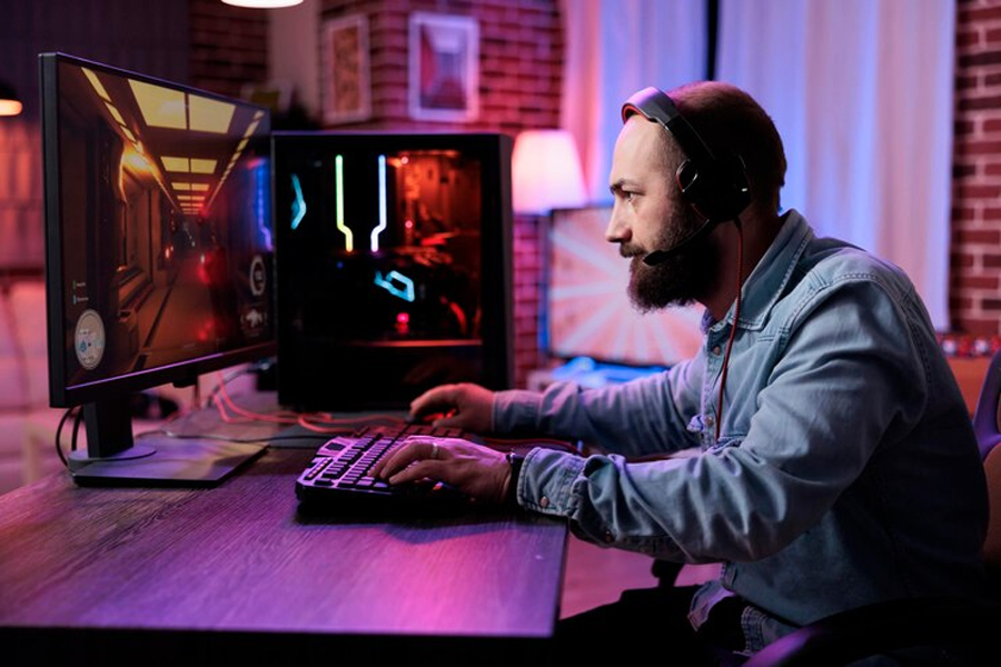 Мужчина играет в компьютер