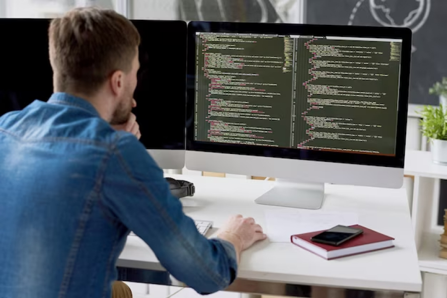 Мужчина смотрит в компьютер с кодом