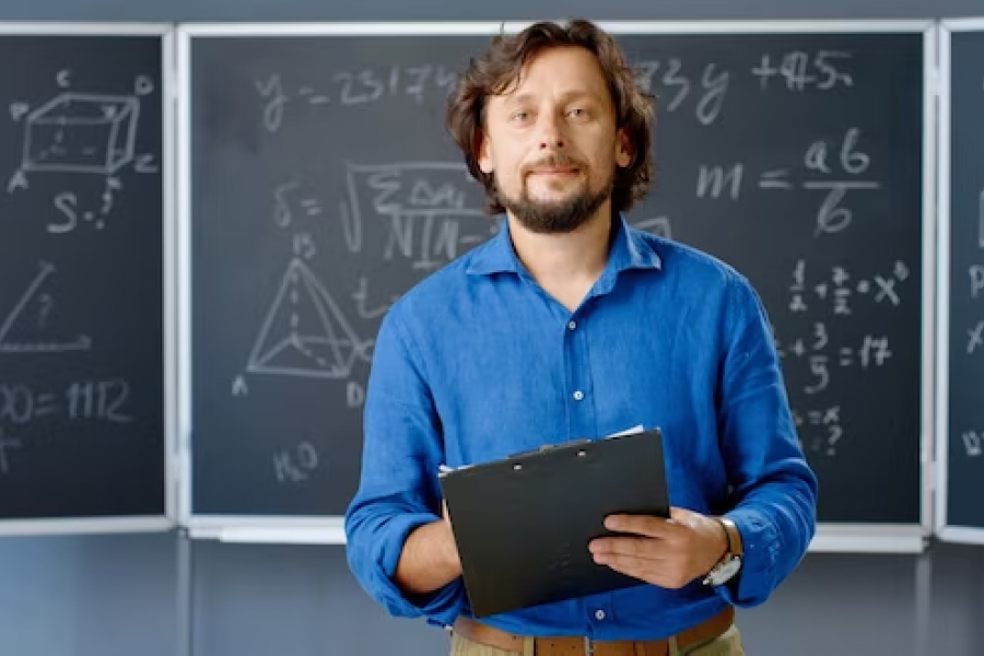 Учитель математики возле доски с планшетом в руках
