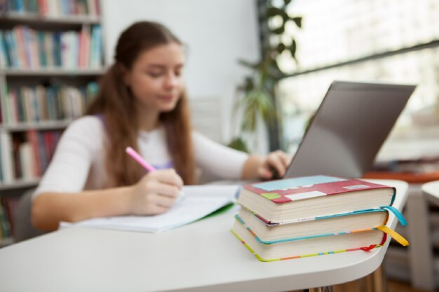 Девочка делает уроки за столом с ноутбуком и книгами